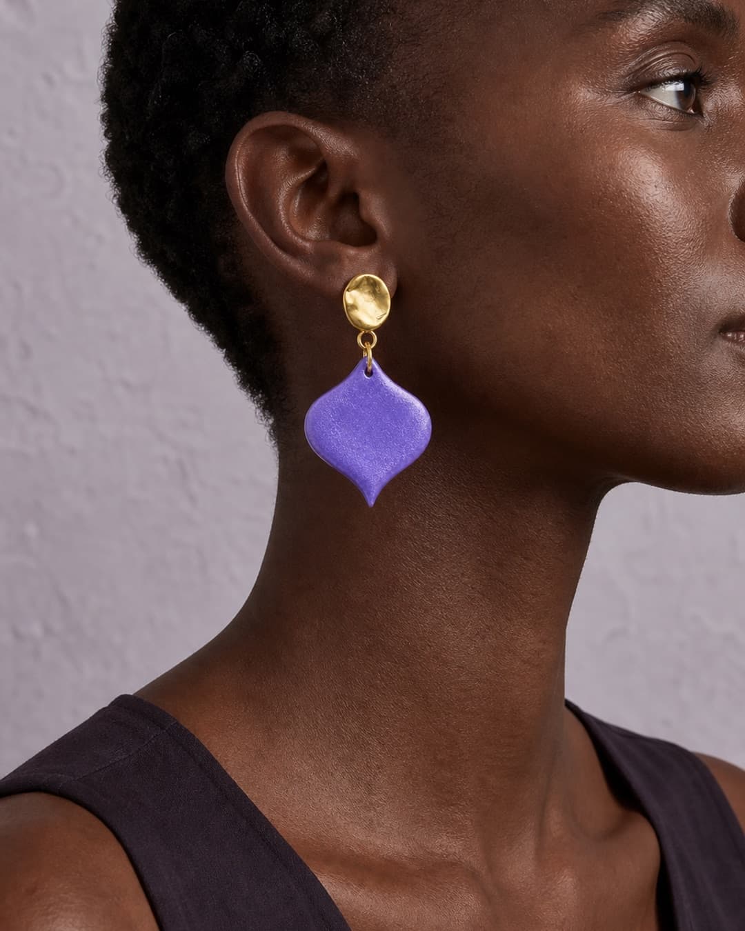 Violet Petal Dangles worn in natural light