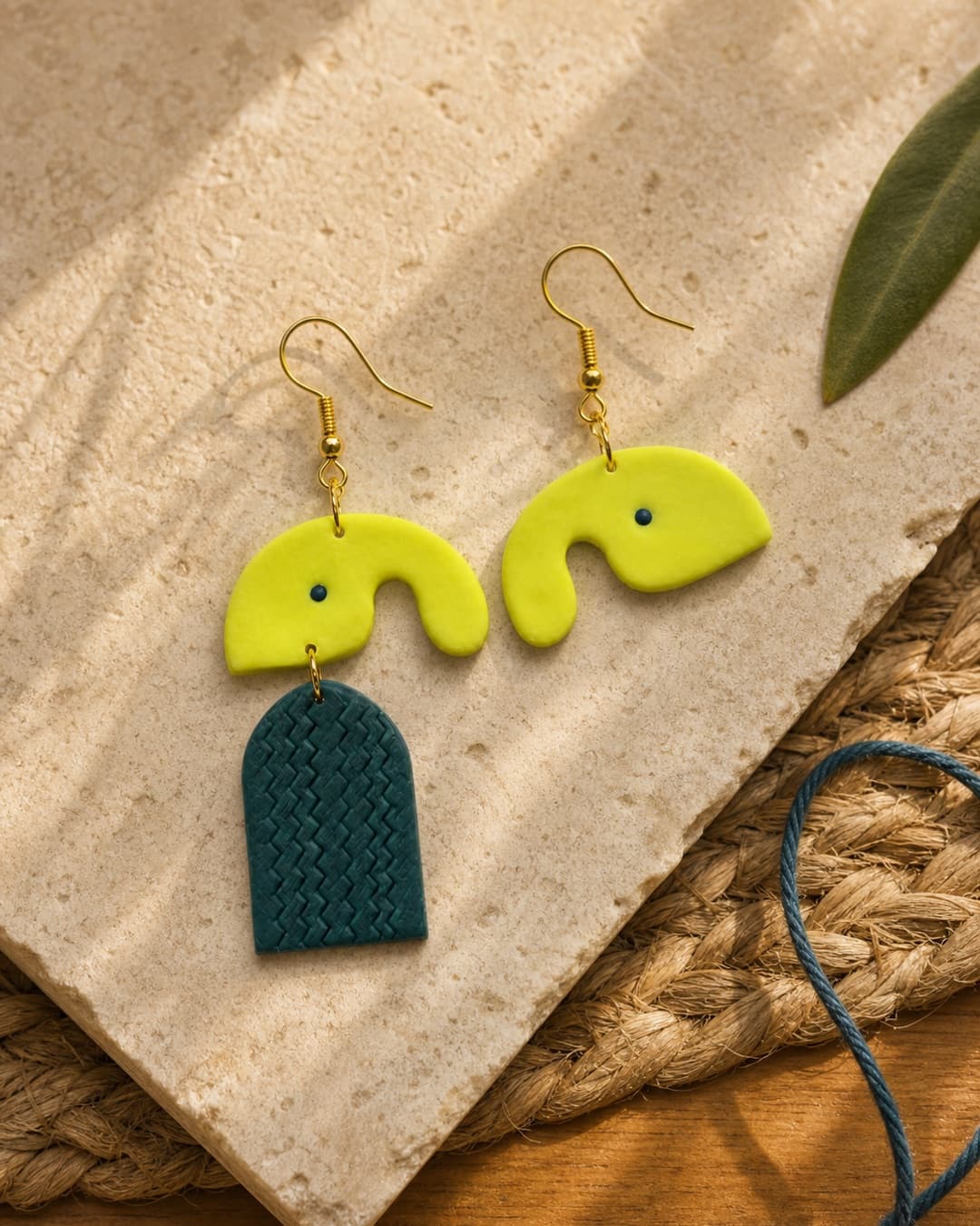 Neon Arch Teal Dangles on stone and woven texture
