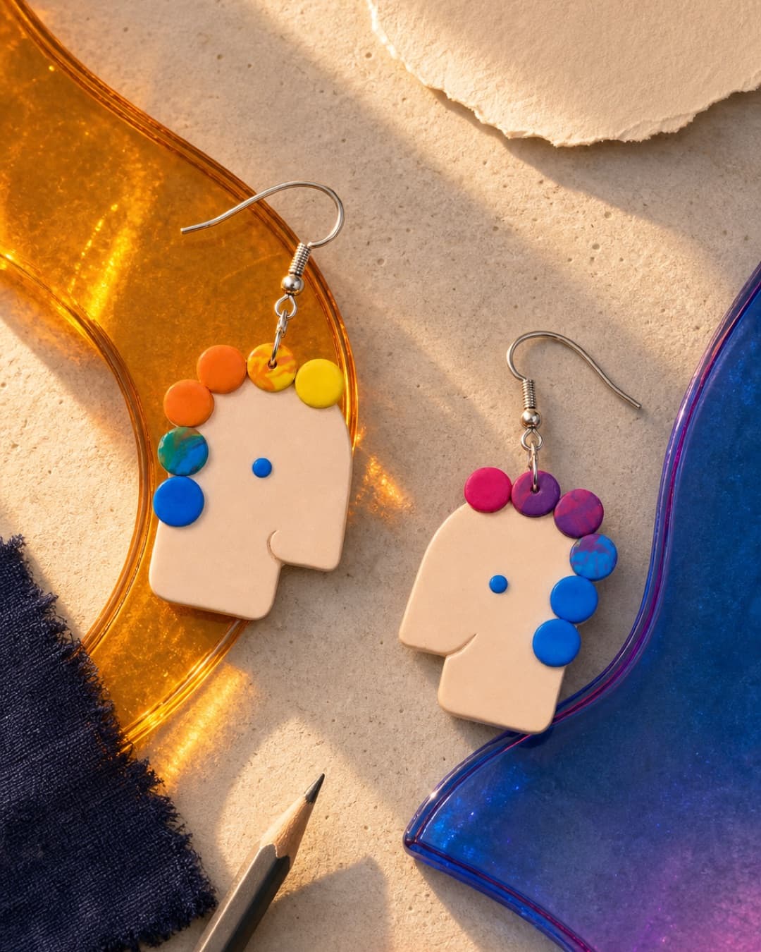 Rainbow Curl Profile Dangles in a colourful tabletop still life