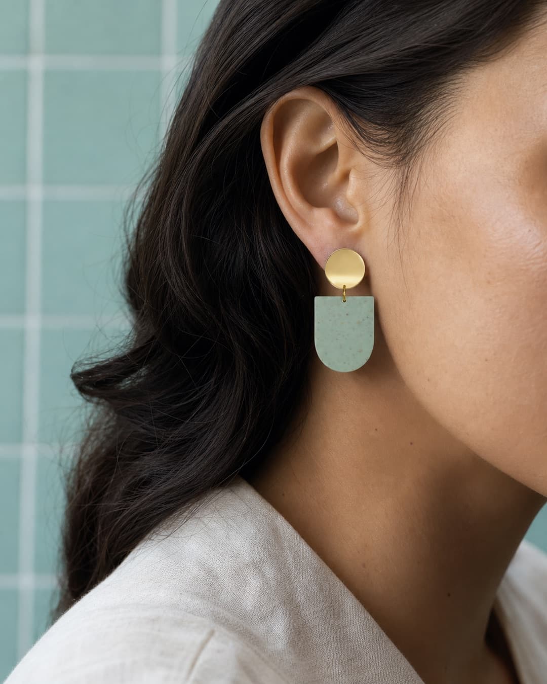 Speckled Mint Plate Dangles worn at natural scale